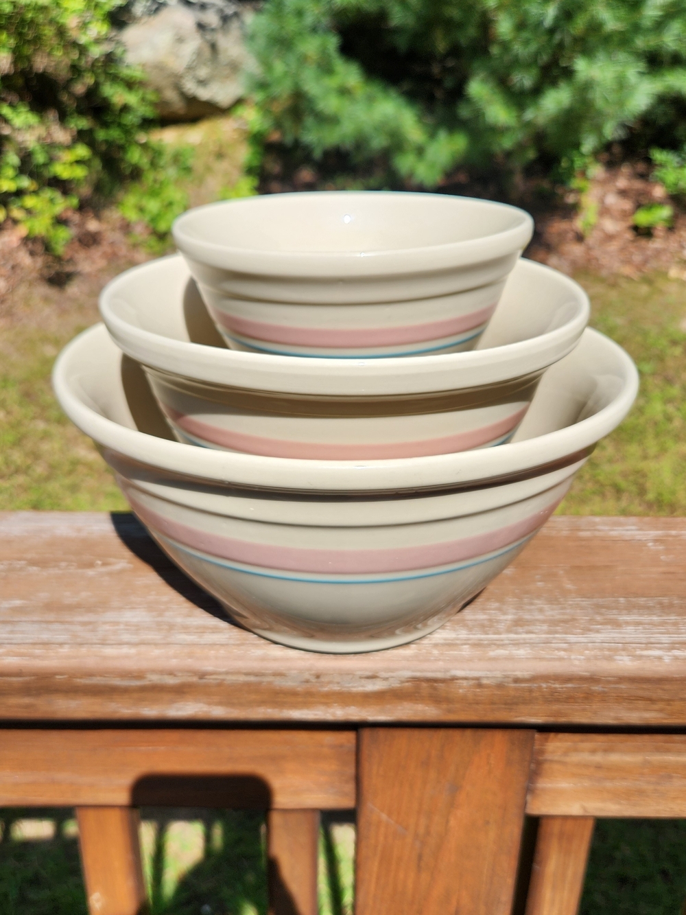SET OF THREE McCoy Ceramic Bowls with Pink and Blue Stripes 6" 8" And 10"